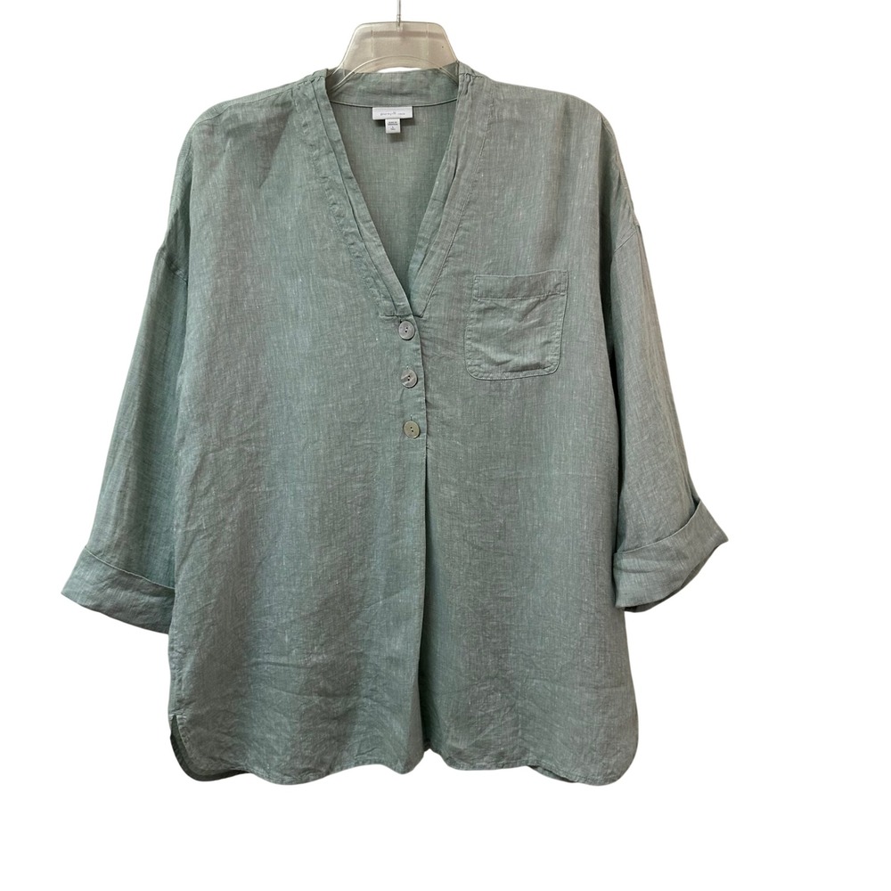 J. Jill Pure Jill Linen Tunic Shirt Sage Green V-Neck 3/4 Sleeve Tall Large